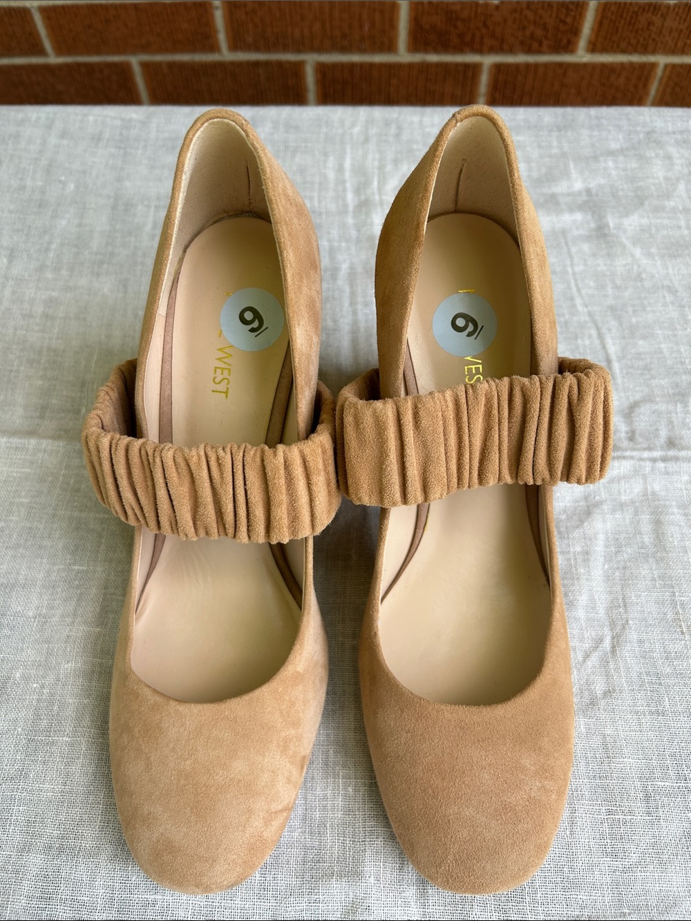 Nine West Women's Tan Suede Block Heel Pumps with Ruched Strap - Picture 3 of 5